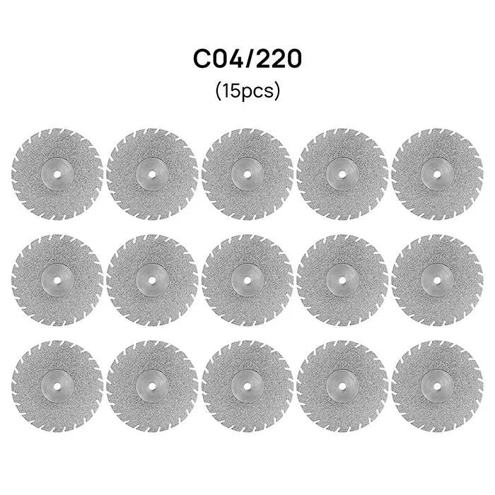 Dental Lab Thin Diamond Disc Cutting Double Side Disk Tool For Polisher Machine: Set of 15 circular diamond-coated discs with serrated edges, 22mm diameter, for dental lab use in cutting, separating, and contouring various materials. Labeled C04/220.