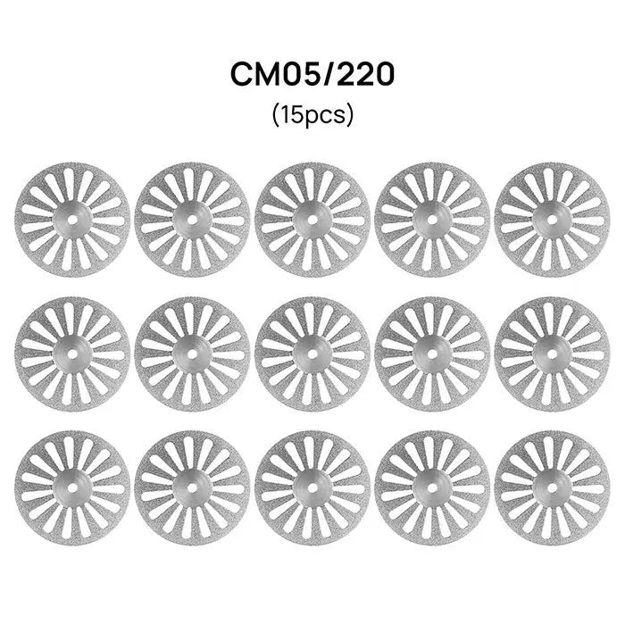 Dental Lab Thin Diamond Disc Cutting Double Side Disk Tool: Image shows 15 circular silver discs with radial spoke pattern, labeled CM05/220, used for dental polishing and cutting. Thin, precise tools for professional dental work.