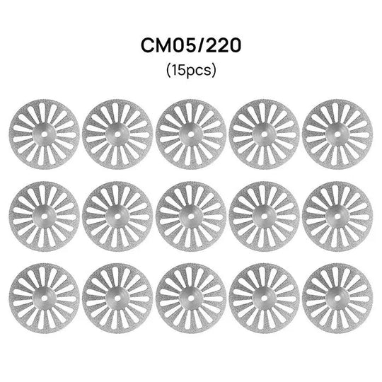 Dental Lab Thin Diamond Disc Cutting Double Side Disk Tool: Image shows 15 circular silver discs with radial spoke pattern, labeled CM05/220, used for dental polishing and cutting. Thin, precise tools for professional dental work.