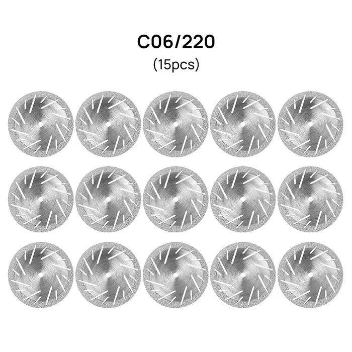 Dental Lab Thin Diamond Disc Cutting Double Side Disk Tool: Image shows 15 silver circular discs with etched patterns, labeled C06/220, arranged in rows. Each disc has a textured surface with radial grooves, designed for precise cutting and polishing in dental applications.