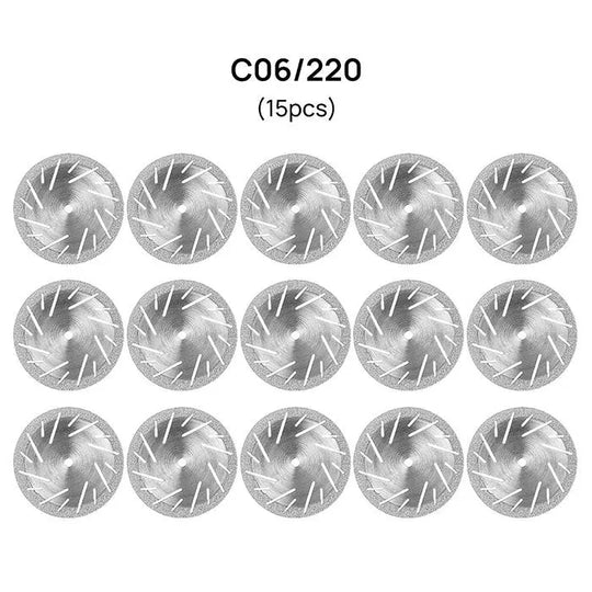 Dental Lab Thin Diamond Disc Cutting Double Side Disk Tool: Image shows 15 silver circular discs with etched patterns, labeled C06/220, arranged in rows. Each disc has a textured surface with radial grooves, designed for precise cutting and polishing in dental applications.