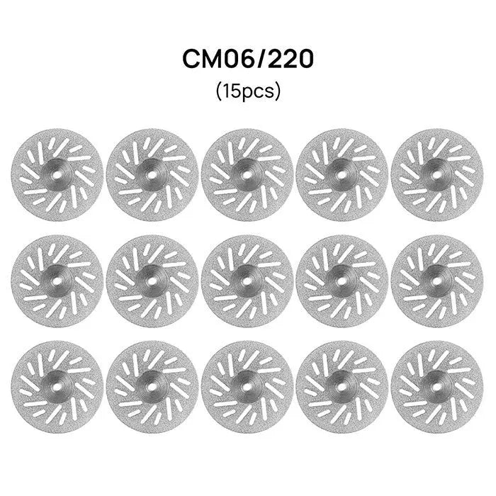 Dental Lab Thin Diamond Disc Cutting Double Side Disk Tool: Image of 15 small, circular, silver-colored discs with radial patterns. Each disc has a central hole and multiple slots arranged in a spiral pattern, designed for precise dental work and polishing.