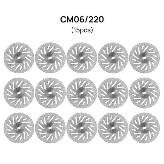 Dental Lab Thin Diamond Disc Cutting Double Side Disk Tool CM06/220 set of 15 circular discs with radial pattern perforations for dental polisher machine, precise cutting and contouring of dental materials