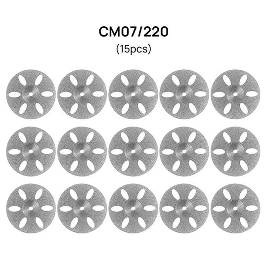 Dental Lab Thin Diamond Disc Cutting Double Side Disk Tool: Set of 15 silver circular discs with flower-shaped cutouts, labeled CM07/220, for dental polishing and contouring. Essential for dental laboratories and professional dental work.