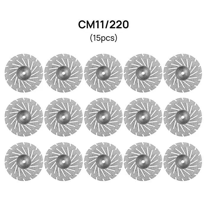 Dental Lab Thin Diamond Disc Cutting Double Side Disk Tool, set of 15 circular discs labeled CM11/220, arranged in three rows of five. Each disc has a radial pattern of cutting edges, designed for precision dental work and polishing.