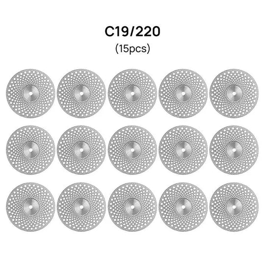 Dental Lab Thin Diamond Disc Cutting Double Side Disk Tool, 15 pieces of C19/220 model discs arranged in rows, silver circular discs with perforated surface for precise cutting and polishing of dental materials