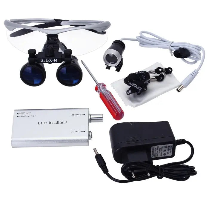 Dental Loupe 3.5X Magnification Surgical Binocular Magnifier with 3W LED Headlight set, including magnifying glasses, LED light source, power adapter, and accessories for dental and surgical precision work.