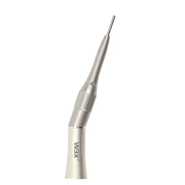 Dental Low Speed Handpiece 20 Angle Micro Surgery Surgical Straight Handpiece DJW-70-N2, silver-colored precision instrument with angled tip and slim design for dental procedures, featuring external irrigation system and compatibility with E-type motors