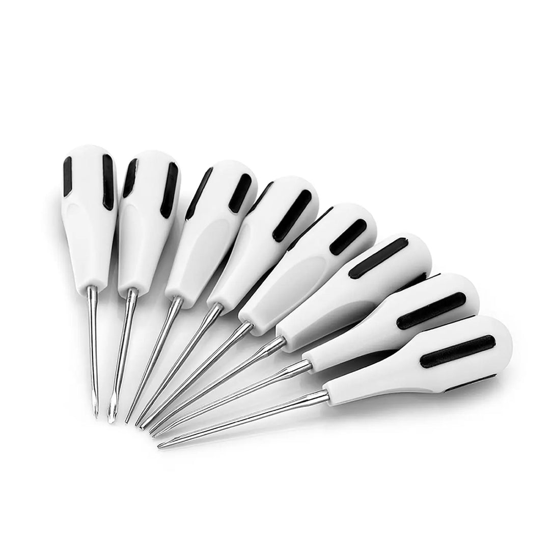 Set of 8 Dental Luxating Lift Elevator Curved Root Elevator Dental Surgical Screwdrivers with white plastic handles and stainless steel tips, arranged in a fan-like pattern against a white background, showcasing professional dental instruments for root extraction and surgical procedures.