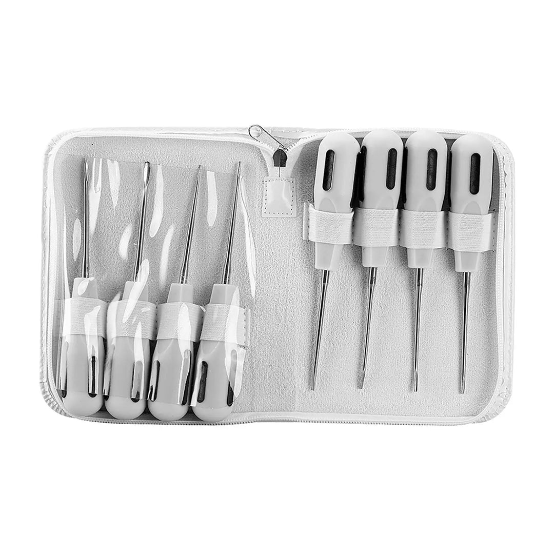 Dental Luxating Lift Elevator Curved Root Elevator Dental Surgical Screwdriver set of 8 pieces in white PU bag, showcasing stainless steel heads and plastic handles, designed for various dental surgical procedures