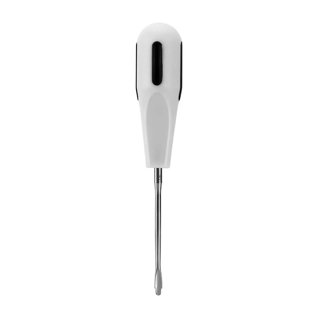 Dental Luxating Lift Elevator Curved Root Elevator Dental Surgical Screwdriver: Close-up of a white plastic-handled dental tool with stainless steel tip, featuring a curved end for root elevation and luxation procedures in dental surgery.