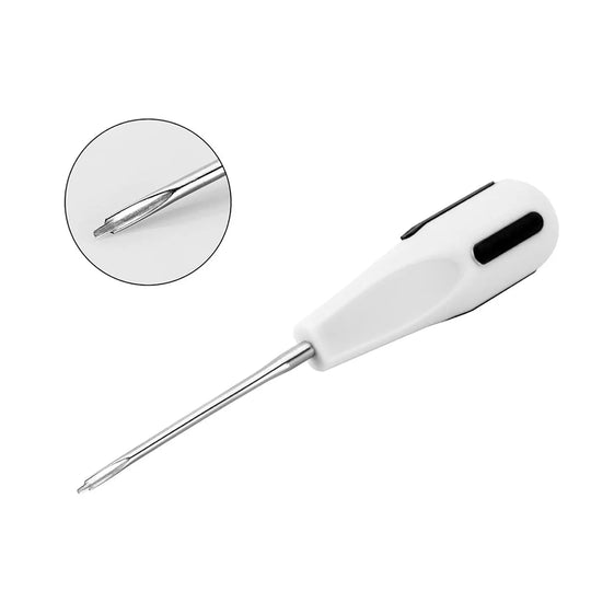 Dental Luxating Lift Elevator Curved Root Elevator Dental Surgical Screwdriver with white plastic handle and stainless steel curved tip, shown in full and close-up view, designed for precise dental procedures