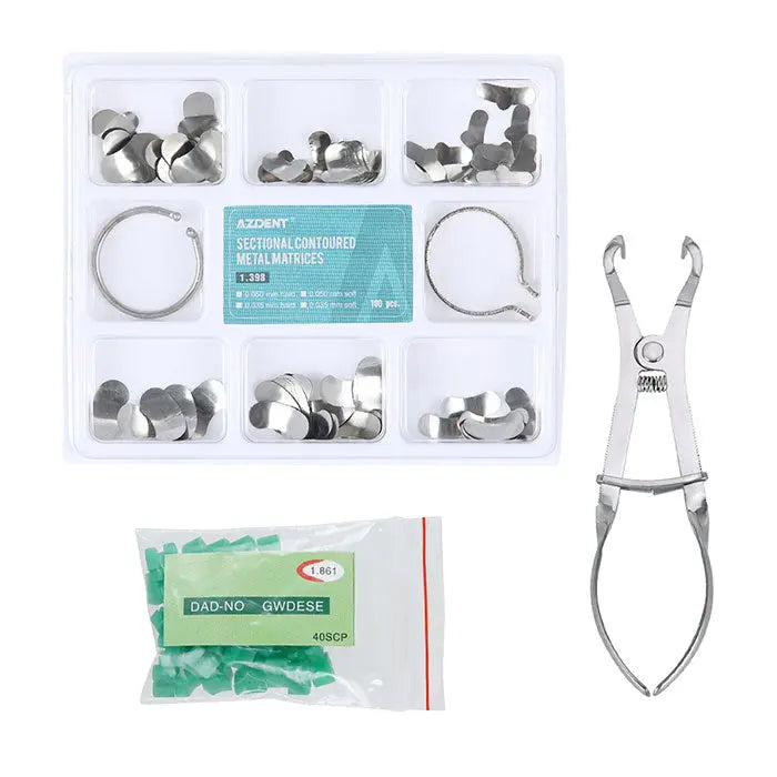 Dental Matrix Sectional Silicone Wedges Sectional Contoured Metal Matrices Plier Set: Complete kit with metal matrices, silicone wedges, rings, and plier for dental procedures. Includes various sizes of matrices, green wedges, and specialized plier for precision dental work.