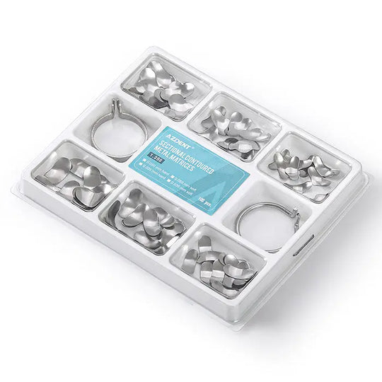 Dental Matrix Sectional Silicone Wedges Sectional Contoured Metal Matrices Plier Set displayed in a white plastic organizer tray with multiple compartments containing various sizes of metal matrices and rings for dental procedures