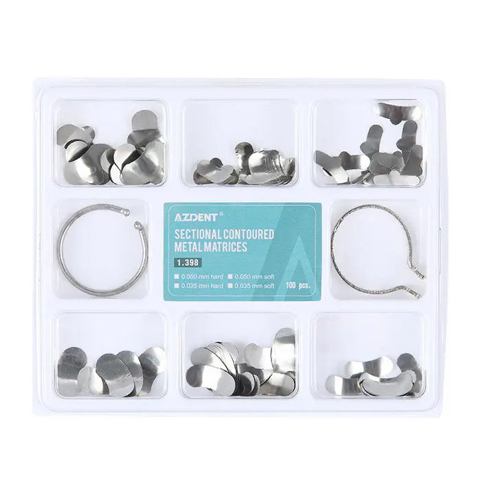 Dental Matrix Sectional Silicone Wedges Sectional Contoured Metal Matrices Plier Set displayed in a clear plastic organizer with multiple compartments containing various metal dental tools and components, including rings, wedges, and matrices for dental procedures