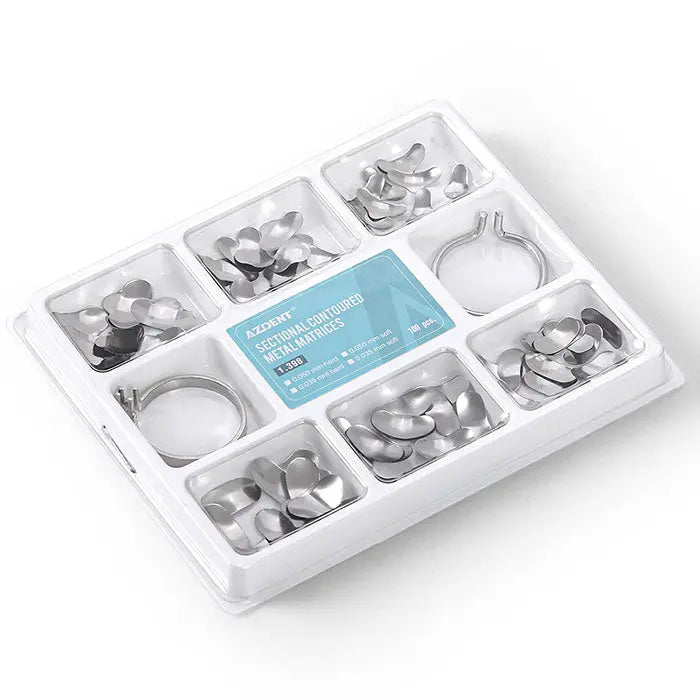 Dental Matrix Sectional Silicone Wedges Sectional Contoured Metal Matrices Plier Set displayed in a white compartmentalized container with various sizes of metal matrices and rings for dental procedures