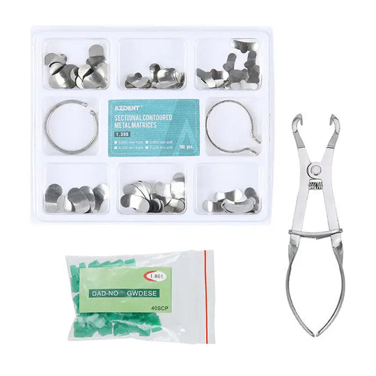 Dental Matrix Sectional Silicone Wedges Sectional Contoured Metal Matrices Plier Set: Complete kit including metal matrices, silicone wedges, pliers, and rings for dental procedures. Organized in a clear plastic container with labeled compartments and separate packaging for wedges.