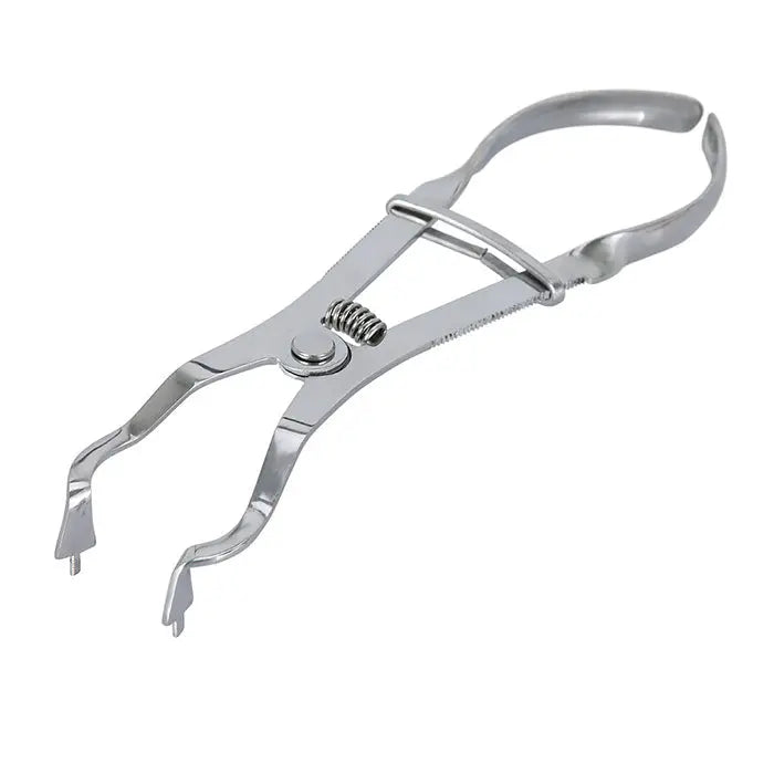 Dental Matrix Sectional Silicone Wedges Sectional Contoured Metal Matrices Plier Set: Close-up of stainless steel orthodontic plier with curved handles and forked tip for supporting sectional contoured metal matrices in dental procedures