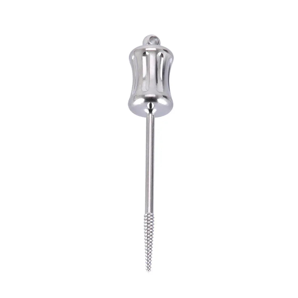 Dental Mini Manual Extractor Apical Root Fragments Drill Long 44.5mm: Stainless steel dental tool with tapered self-tapping threads and safety eyelet, designed for safe and easy extraction of root fragments, featuring a long 44.5mm shaft and ergonomic handle for optimal control and precision.