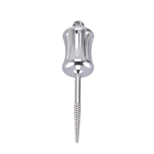 Dental Mini Manual Extractor Apical Root Fragments Drill Short 34.3mm: Stainless steel dental tool with tapered self-tapping threads, safety eyelet, and ergonomic handle for safe and easy extraction of root fragments. High-quality medical-grade material, fully autoclavable for optimal performance and longevity.