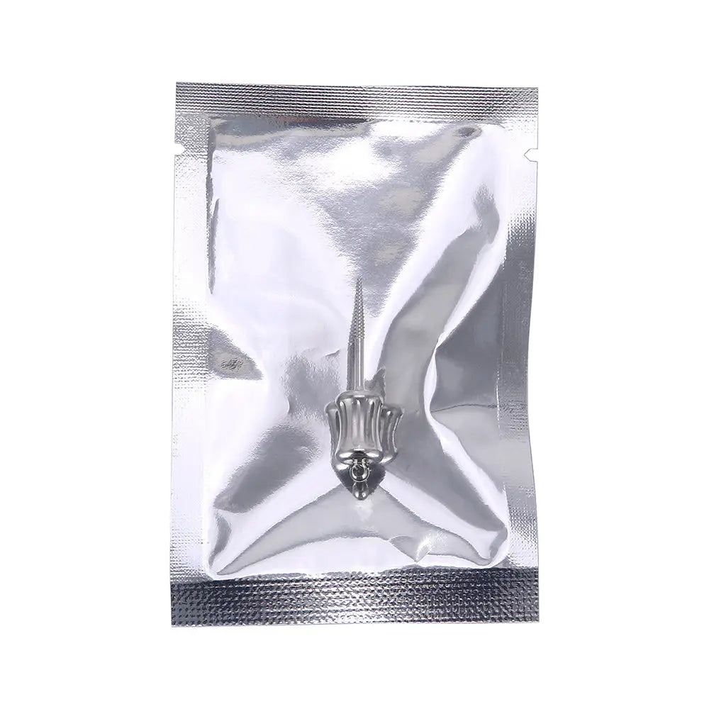 Dental Mini Manual Extractor Apical Root Fragments Drill Short 34.3mm in sealed silver foil packaging, showing the stainless steel extractor with tapered self-tapping threads and safety eyelet visible through transparent portion of package