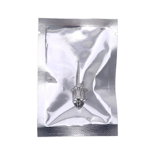 Dental Mini Manual Extractor Apical Root Fragments Drill Short 34.3mm in sealed silver foil packaging, showing the stainless steel extractor with tapered self-tapping threads and safety eyelet visible through transparent portion of package