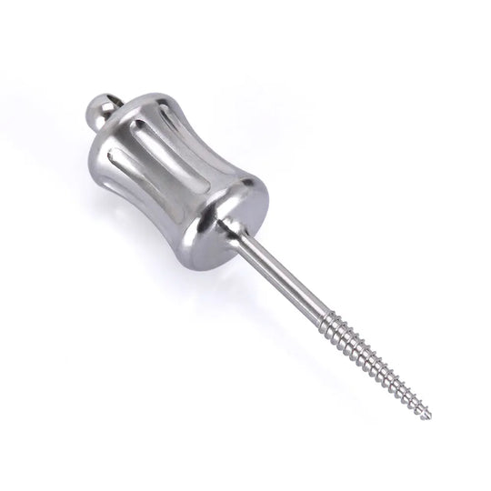 Dental Mini Manual Extractor Apical Root Fragments Drill Short 34.3mm: Stainless steel dental tool with tapered handle and threaded tip for safe extraction of root fragments, featuring safety eyelets and autoclavable design