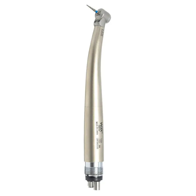 Dental Mini handpiece with LED light source for child treatment, featuring sleek silver design, compact head, and curved shape for easy maneuverability in small mouths, ideal for pediatric dental procedures