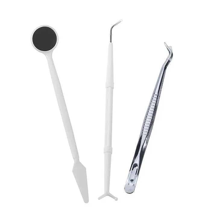 Dental Mirror Plier Explorer Kit Disposable Mouth Mirror Forceps Probe 10Kits: Set of three dental tools including a white plastic mouth mirror with black reflective surface, a white plastic explorer probe, and a metal forceps, arranged on a white background.