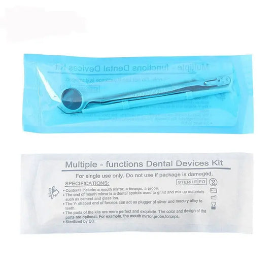 Dental Mirror Plier Explorer Kit Disposable Mouth Mirror Forceps Probe 10Kits: Sterilized disposable dental instrument set in blue packaging, featuring a mirror and explorer tool, with product description visible on white label below