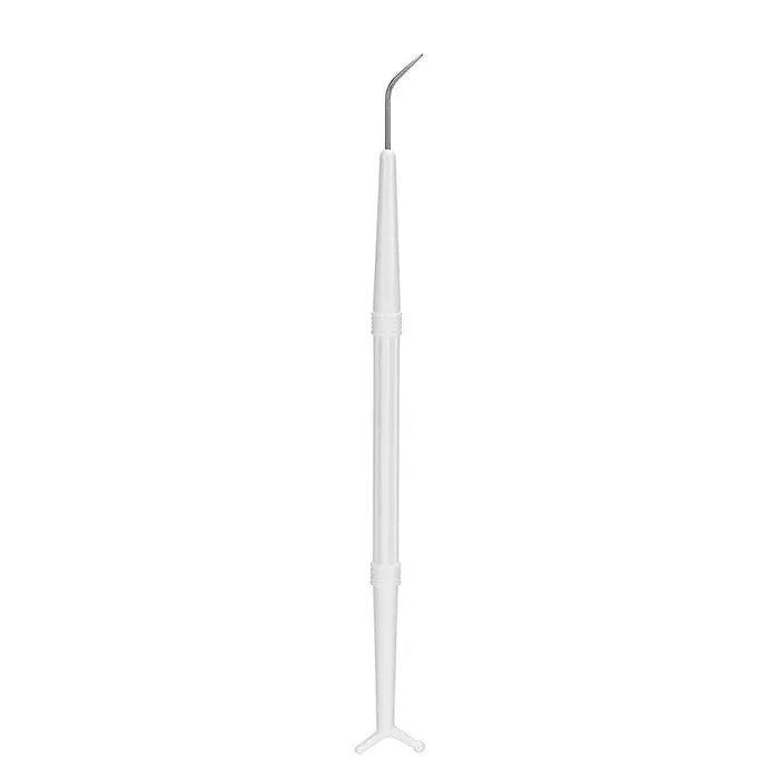 Dental Mirror Plier Explorer Kit: White plastic dental explorer probe with curved tip, part of disposable dental examination set for oral cavity inspection and procedures