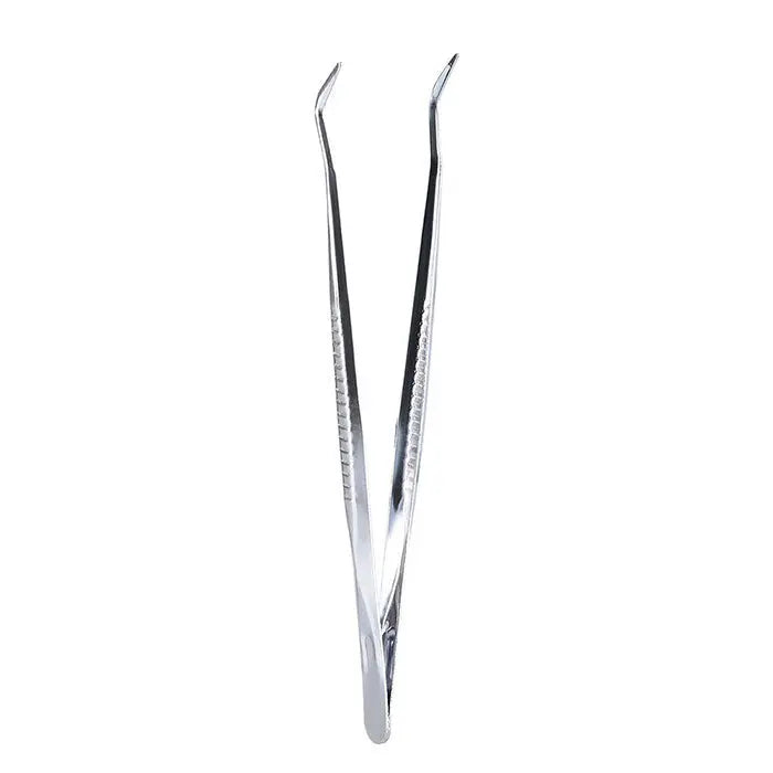 Dental Mirror Plier Explorer Kit: Close-up of stainless steel dental tweezers or forceps with curved tips, part of disposable dental examination kit for professional oral care and procedures