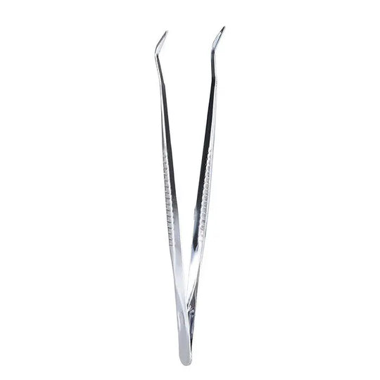 Dental Mirror Plier Explorer Kit: Close-up of stainless steel dental tweezers or forceps with curved tips, part of disposable dental examination kit for professional oral care and procedures