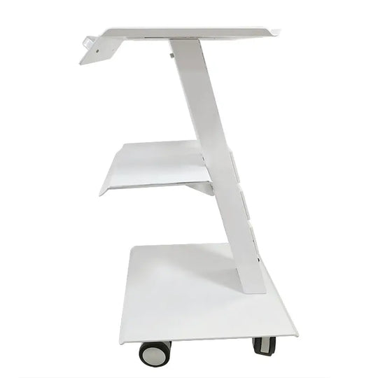 Dental Mobile Cart Metal Built-in Socket Three Layers: White metal medical trolley with three sturdy shelves, sleek Z-shaped design, and smooth-rolling casters for easy mobility in dental or healthcare settings.