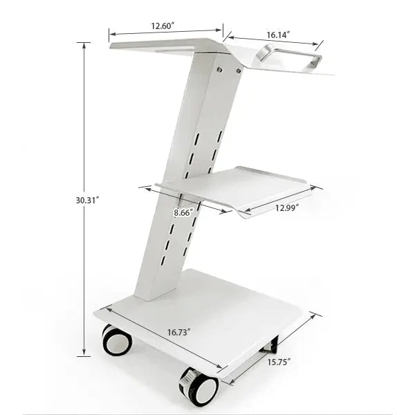 Dental Mobile Cart Metal Built-in Socket Three Layers: White metal medical trolley with three shelves, wheeled base, and adjustable top bracket. Dimensions shown for height, width, and shelf sizes. Sturdy design for dental equipment storage and mobility in treatment rooms.