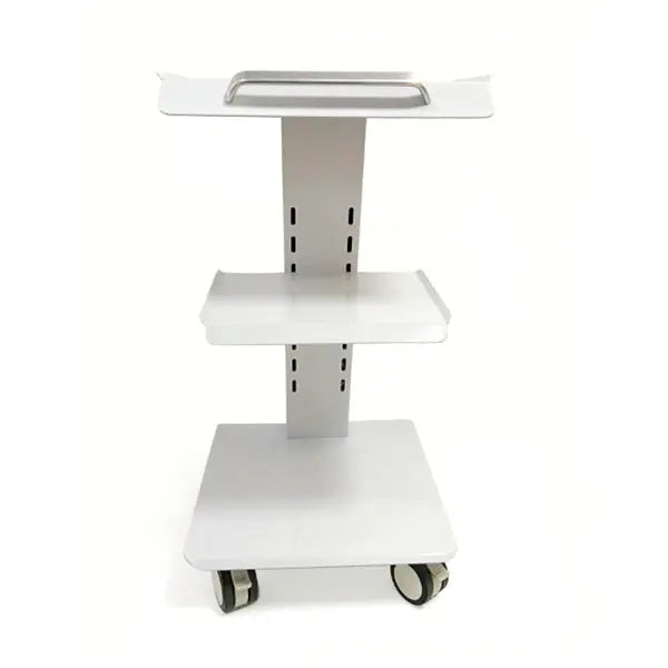 Dental Mobile Cart Metal Built-in Socket Three Layers: White steel medical trolley with three adjustable shelves, built-in socket, and swivel casters for easy mobility in dental offices or treatment rooms. Sturdy and practical design for organizing medical devices.