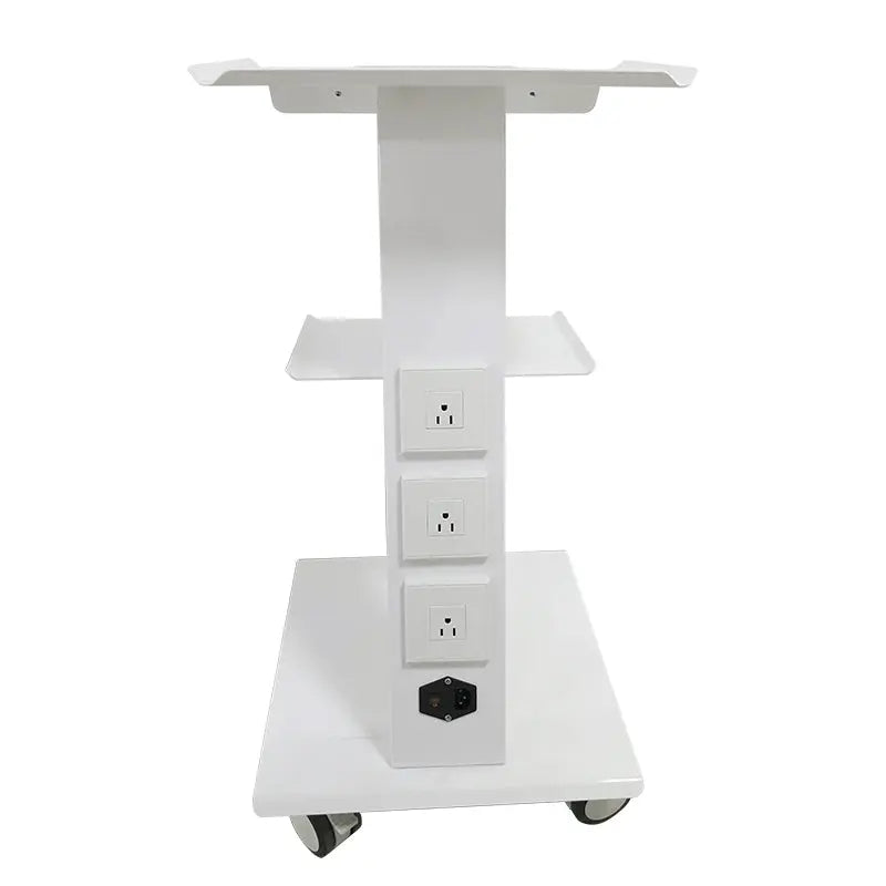 Dental Mobile Cart Metal Built-in Socket Three Layers: White metal trolley with three shelves, built-in power sockets, and swivel casters for easy mobility in medical settings. Sturdy steel construction with antiseptic paint finish for durability and hygiene.