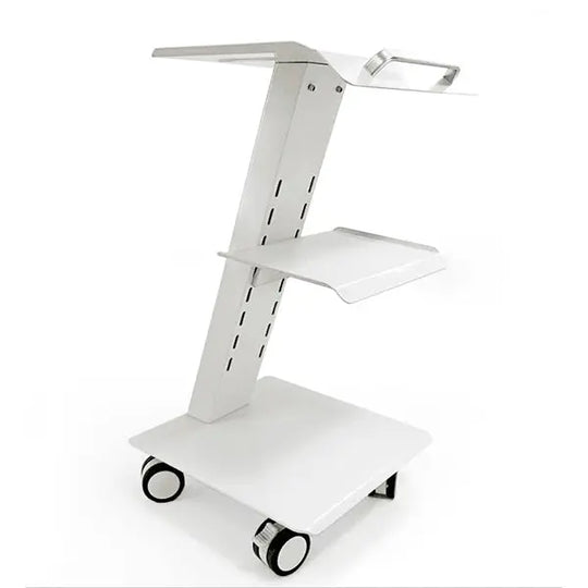 Dental Mobile Cart Metal Built-in Socket Three Layers: White metal medical trolley with three shelves, built-in socket, and wheeled base for easy mobility in dental offices. Features sturdy steel construction, antiseptic paint, and adjustable camera bracket for versatile use in treatment rooms.