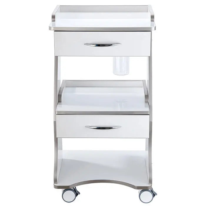 Dental Mobile Cart Metal Built-in Socket With Auto-water Bottle Supply System: White three-tier medical trolley with drawers, shelves, and wheels for easy mobility. Features a water bottle holder and built-in socket for dental equipment.