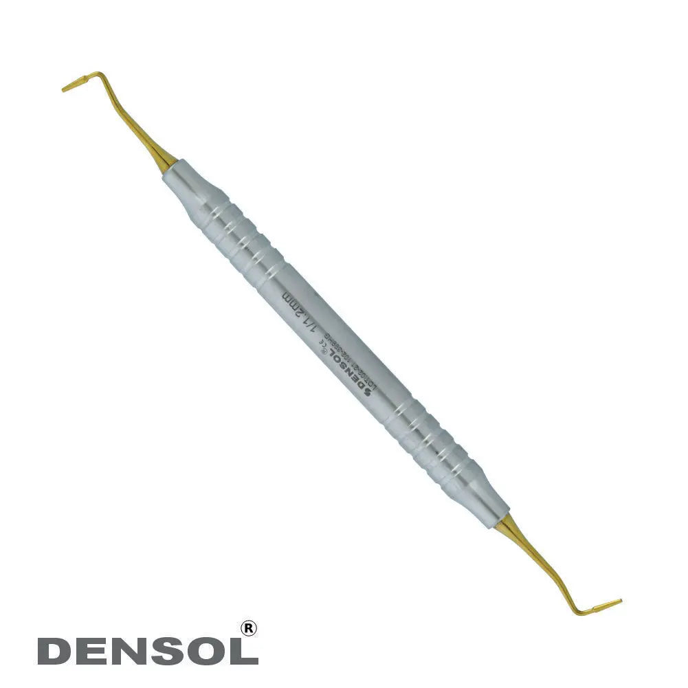 Dental Mortonson Plugger Restorative instrument with long silver handle and gold-coated tips for cavity preparations and packing filling materials, featuring 1/1.2mm blades and smooth ends for precise dental work