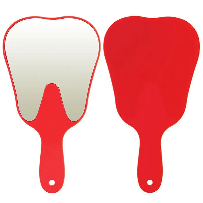 Dental Mouth Mirror Teeth Shaped Mirror Handheld Unbreakable Plastic, red tooth-shaped handheld mirrors with white reflective surface and back view, durable and practical design for dentistry use or as a dentist gift