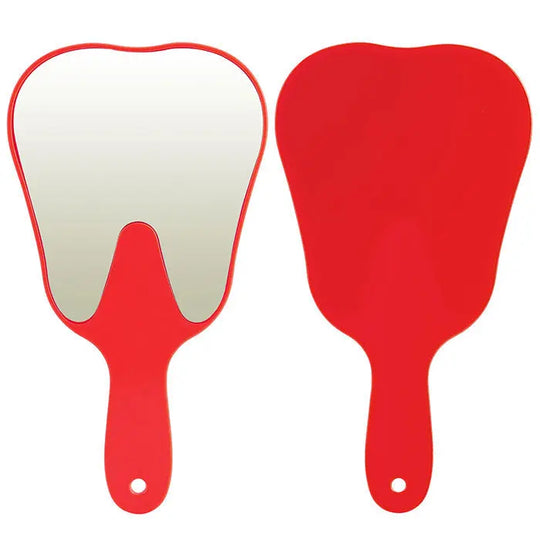 Dental Mouth Mirror Teeth Shaped Mirror Handheld Unbreakable Plastic, red tooth-shaped handheld mirrors with white reflective surface and back view, durable and practical design for dentistry use or as a dentist gift