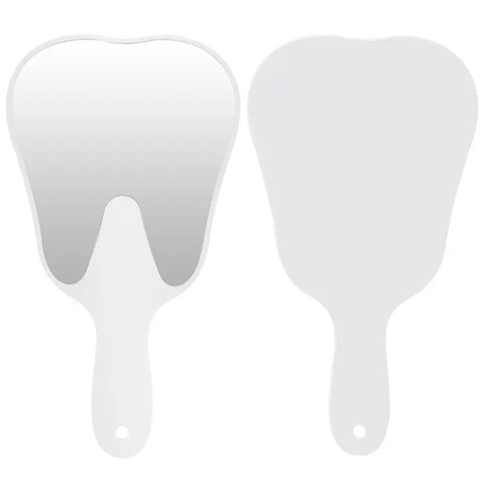 Dental Mouth Mirror Teeth Shaped Mirror Handheld Unbreakable Plastic featuring two white tooth-shaped mirrors with handles, one reflective and one matte, displaying the unique design for dental care or novelty use