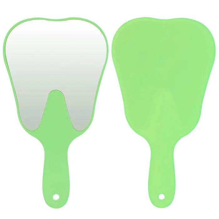 Dental Mouth Mirror Teeth Shaped Mirror Handheld Unbreakable Plastic: Green tooth-shaped hand mirror with reflective surface on one side and solid green back, featuring a handle for easy grip and portable use in dentistry or personal care.