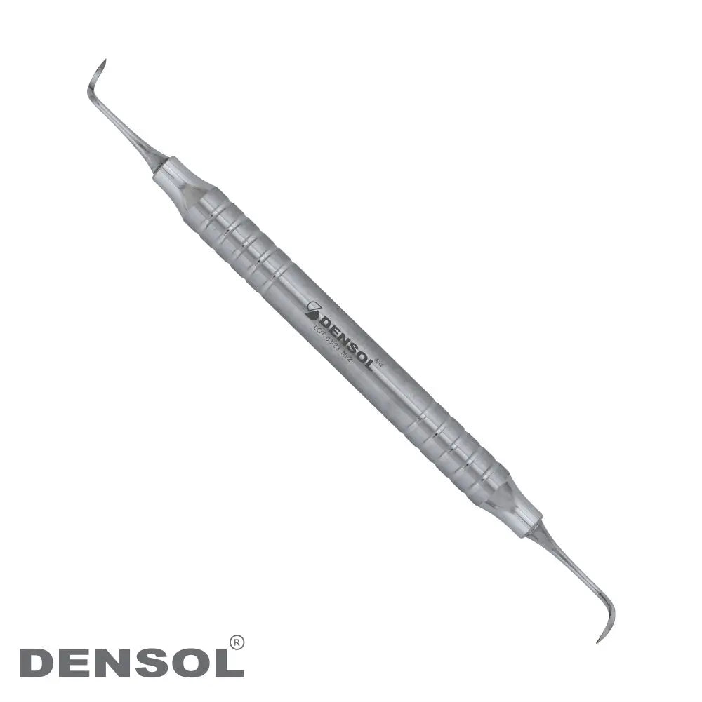 Dental Nevi NV2 posterior Sickle Scaler, stainless steel dental instrument with curved ends for precise calculus removal from posterior teeth, ergonomic handle design, Densol brand