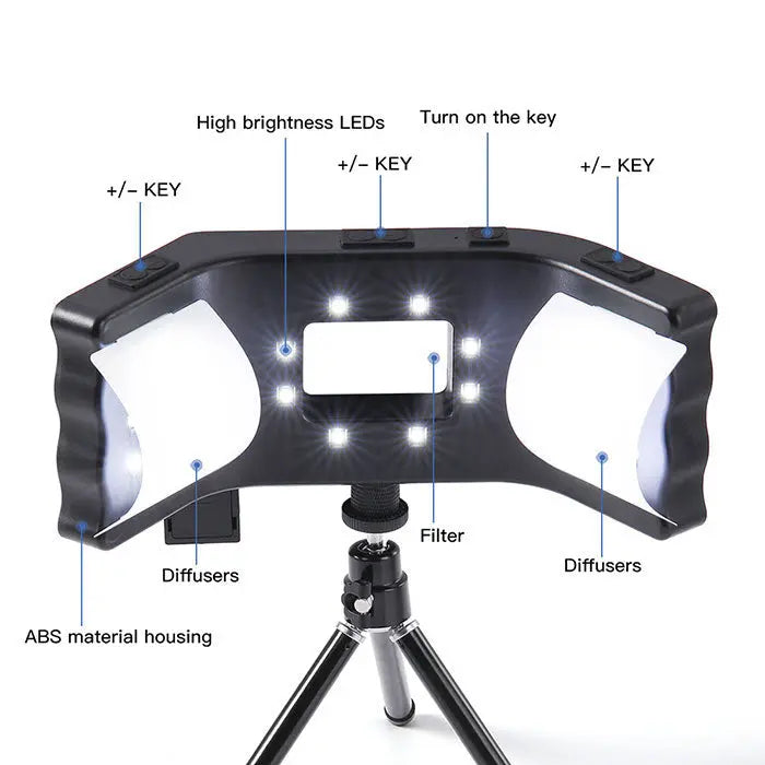 Dental Oral Photography LED Lamp Flash Light with Three Foot Bracket featuring high brightness LEDs, diffusers, filter, and adjustable keys for brightness control. ABS housing mounted on a tripod for stable positioning during dental procedures and photography.