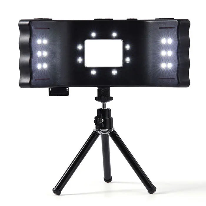 Dental Oral Photography LED Lamp Flash Light with Three Foot Bracket: Black rectangular LED light panel mounted on adjustable tripod stand, featuring multiple bright white LEDs for even illumination in dental photography applications.