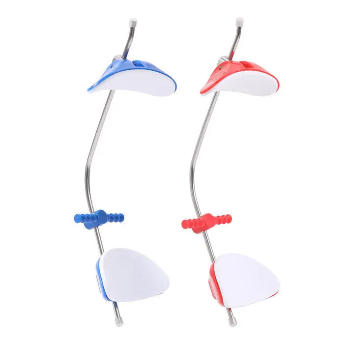 Dental Orthodontic Forward Pull Headgear Facemask with Single Lever Adjustable in blue and red colors, featuring curved metal frames with forehead and chin rests, adjustable crossbars, and ergonomic design for maxillofacial correction