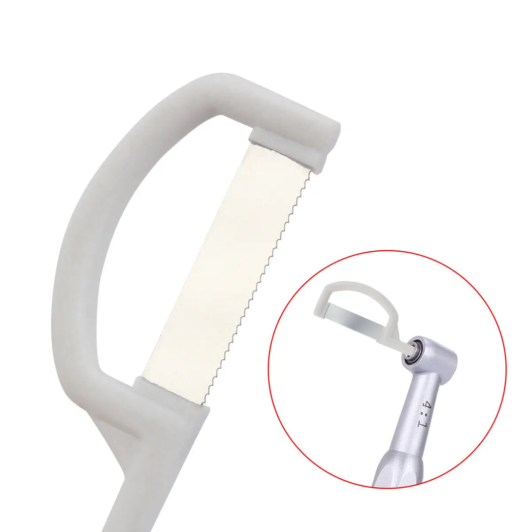 Dental Orthodontic Interproximal Enamel Reduction Automatic Strip shown with serrated white strip attached to curved handle, close-up of dental tool and inset image of strip connected to handpiece for precise enamel reduction in orthodontic procedures