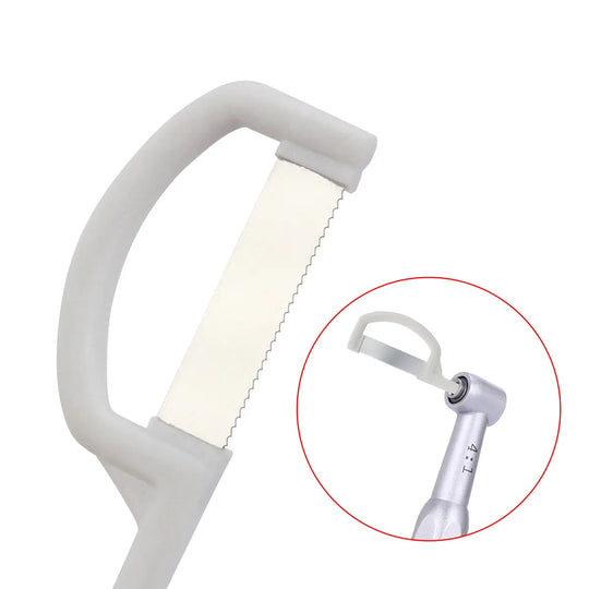 Dental Orthodontic Interproximal Enamel Reduction Automatic Strip shown with serrated white strip attached to curved handle, close-up of dental tool and inset image of strip connected to handpiece for precise enamel reduction in orthodontic procedures